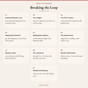 May include: A beige guidebook titled Breaking the Loop with ten numbered sections. Topics include Understanding the Loop, Your Triggers, The First 72 Hours, Replacing the Reward, Building New Patterns, The People Factor, Relapse Is Data, The Long Game, Specific Habit Guides, and Identity and Meaning.