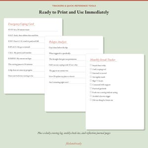 May include: Three white printable sheets featuring Trackers & Quick-Reference Tools. The cards include an Emergency Coping Card with prompts, a Relapse Analysis form with questions, and a Monthly Streak Tracker with checkboxes for daily habits.