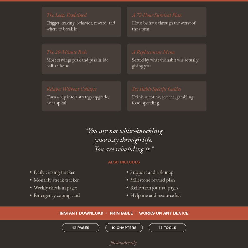 May include: A dark brown informational graphic featuring six text boxes with titles like The Loop Explained and A 72-Hour Survival Plan. It includes a central quote, a list of features such as a daily craving tracker, and a bottom bar stating 42 pages.