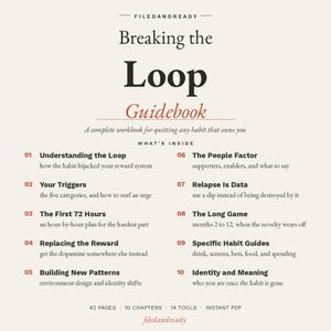 May include: A digital guidebook titled Breaking the Loop Guidebook, a workbook for quitting habits. It lists ten chapters including Understanding the Loop, Your Triggers, The First 72 Hours, Replacing the Reward, Building New Patterns, The People Factor, Relapse Is Data, The Long Game, Specific Habit Guides, and Identity and Meaning. It contains 42 pages, 10 chapters, and 14 tools.
