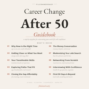 May include: A digital guidebook titled Career Change After 50 with a beige background and dark text. It lists ten chapters including Why Now Is the Right Time, The Money Conversation, and Networking From Scratch, totaling 32 pages and 10 worksheets.