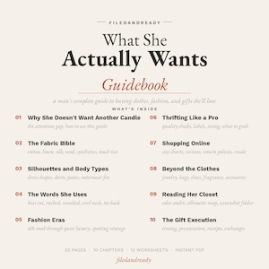 May include: A digital guidebook titled "What She Actually Wants" with a cream-colored background. The cover features bold black and red text. The guide covers topics like fashion, gifts, and shopping, with a list of chapters and topics.