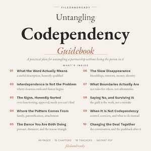 Può includere: Una guida digitale intitolata Untangling Codependency con il sottotitolo A practical plan for untangling a partnership without losing the person in it. Elenca dieci capitoli che includono argomenti come The Signs, Honestly Sorted e Saying No.