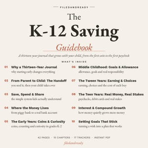 May include: A digital guidebook titled The K-12 Saving Guidebook, featuring a thirteen-year journal for children. The text lists ten chapters covering financial topics from early childhood to the teen years, including 42 pages, 15 chapters, and 17 trackers.