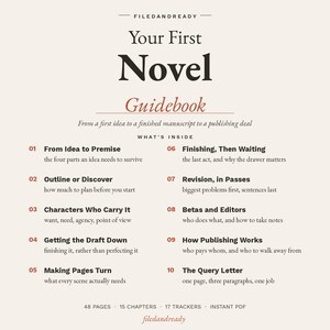 May include: A digital guidebook titled Your First Novel with the subtitle From a first idea to a finished manuscript to a publishing deal. It lists ten chapters including From Idea to Premise, Outline or Discover, and The Query Letter, plus 48 pages.