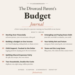 Pode incluir: Um diário digital bege intitulado The Divorced Parent's Budget Journal. Lista oito capítulos, incluindo Starting Over Financially, Building a Budget on One Income, Child Support e Taxes. Contém 39 páginas e 22 folhas de trabalho.
