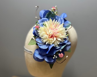 Hair Flower Floral Fascinator Blue Pink  Hydrangea Wedding Races Cruise