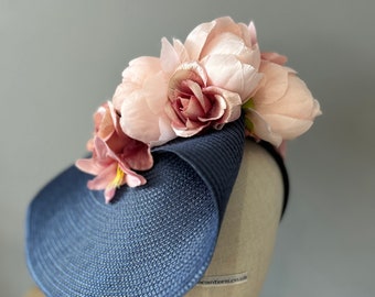 Navy Blue Pastel Pinks Saucer Floral Headband Hat Wedding Ladies day Races