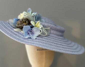 Powder Blue Vintage 40s Style Straw Saucer Hat Flower Trim Wedding