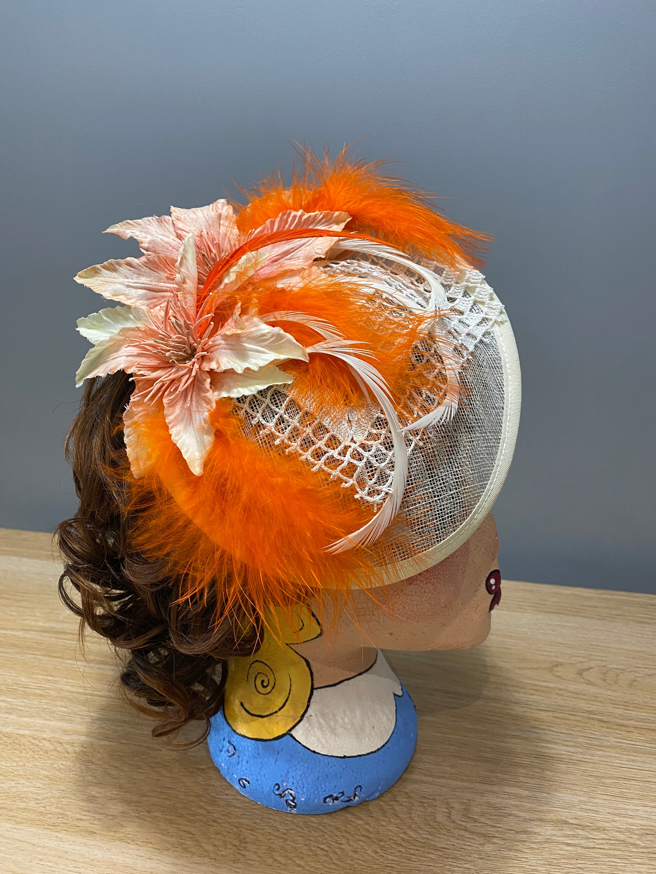 Unique Peach Cream Orange Feather Percher Hat Fascinator  display picture 1