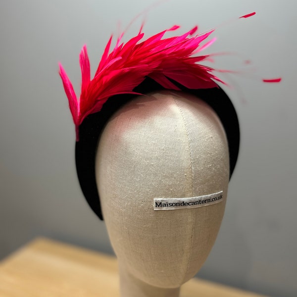 Velour Padded Black Headband Magenta Pink Feather Wedding Ladies Day Races