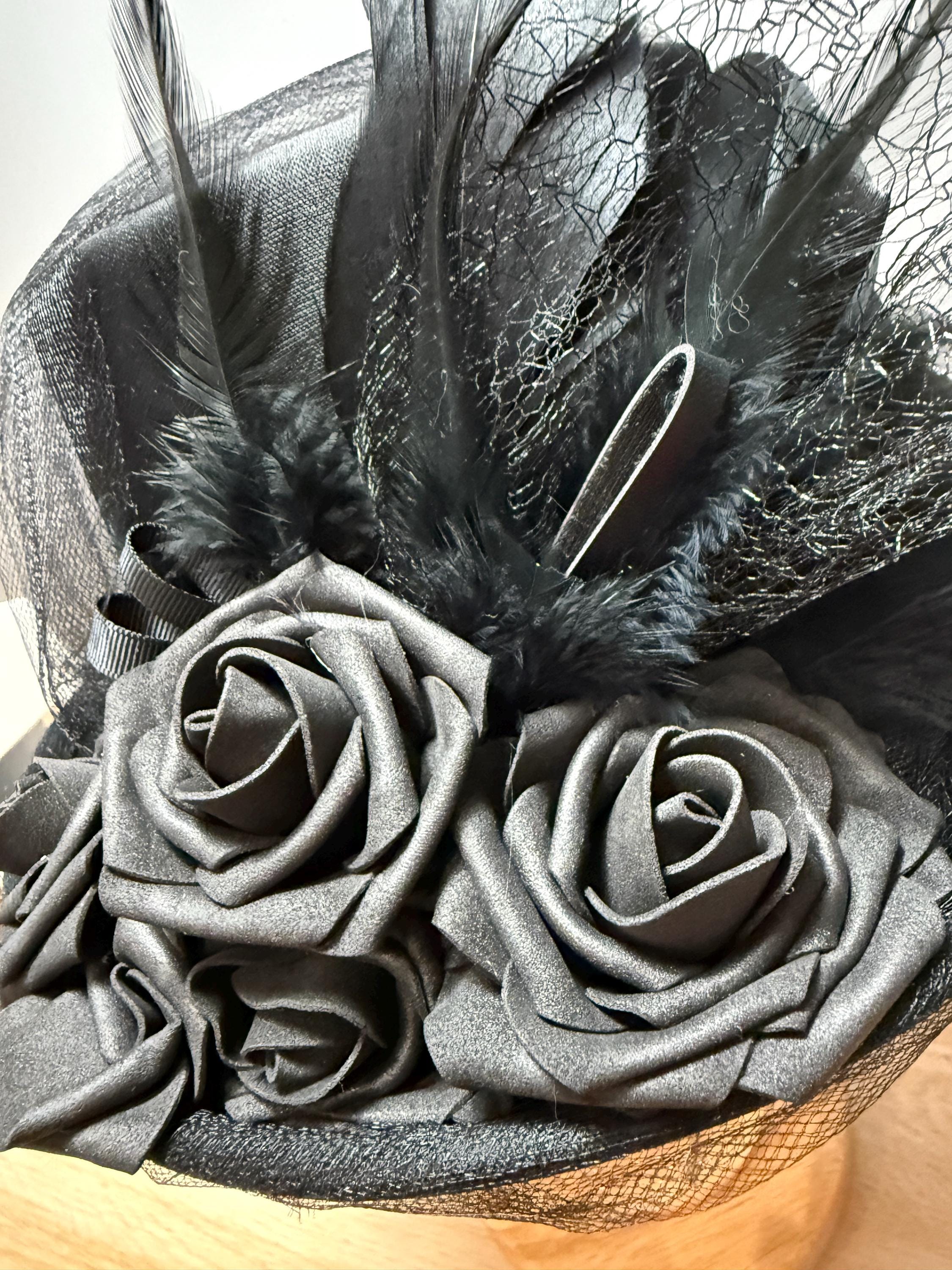 Top Hat Unique Black Roses Net Feathers Goth Funeral Wedding  display picture 2