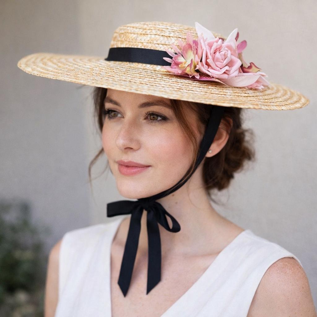 Wide Brim Natural Straw Hat Pink Cream Orchids & Roses  display picture 3