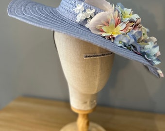 Powder Blue Saucer Headband Hat Floral trim Vintage 40s style  Wedding Races