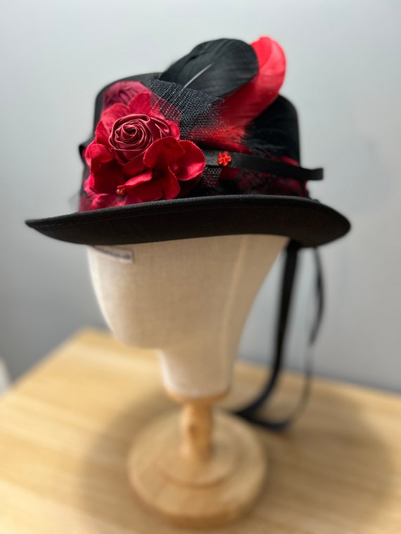 Black Dress Hat Adjustable with Red Satin Trim and Flower Rosette - One Size Black Hat with Red Roses Halloween Costume Party Day of the  main image 2