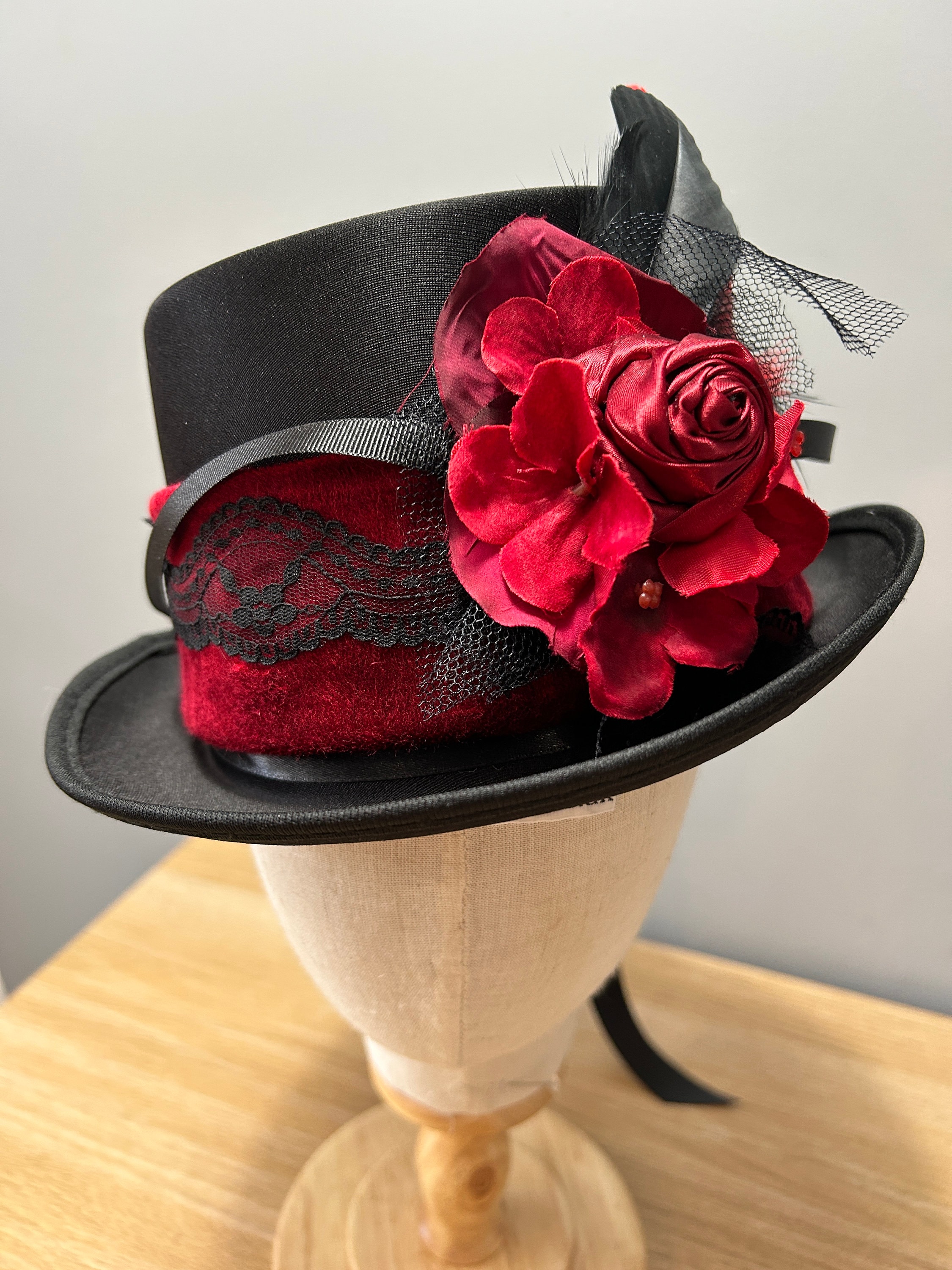 GROOVY GLAM Floral Red Roses Fancy Church Woven Straw Train Hat Vintage Black Straw Wide Brim Hat with Large Red Rose and  main image 2