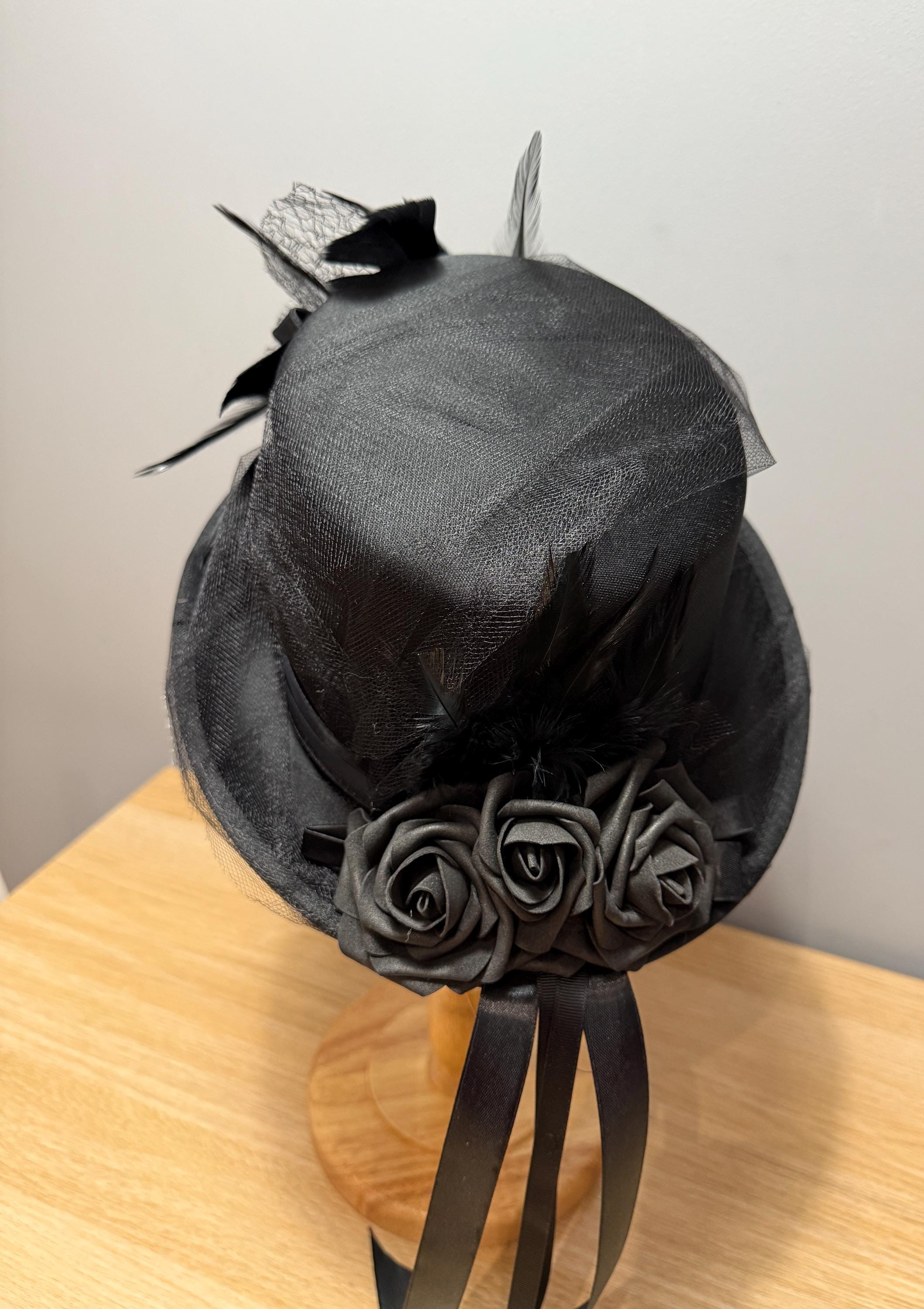 Black Felt Top Hat With White Toole Band, Silk Flowers, Feathers and Netting Black Wool Felt Wide Brim Hat: Silk Flowers & Ribbon - Etsy main image 3