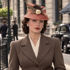 May include: A structured brown wool blazer worn over a cream-coloured blouse, paired with a textured terracotta-coloured hat. The hat is adorned with a cream fabric rose, dark brown and white patterned feathers, and a small dark plume.