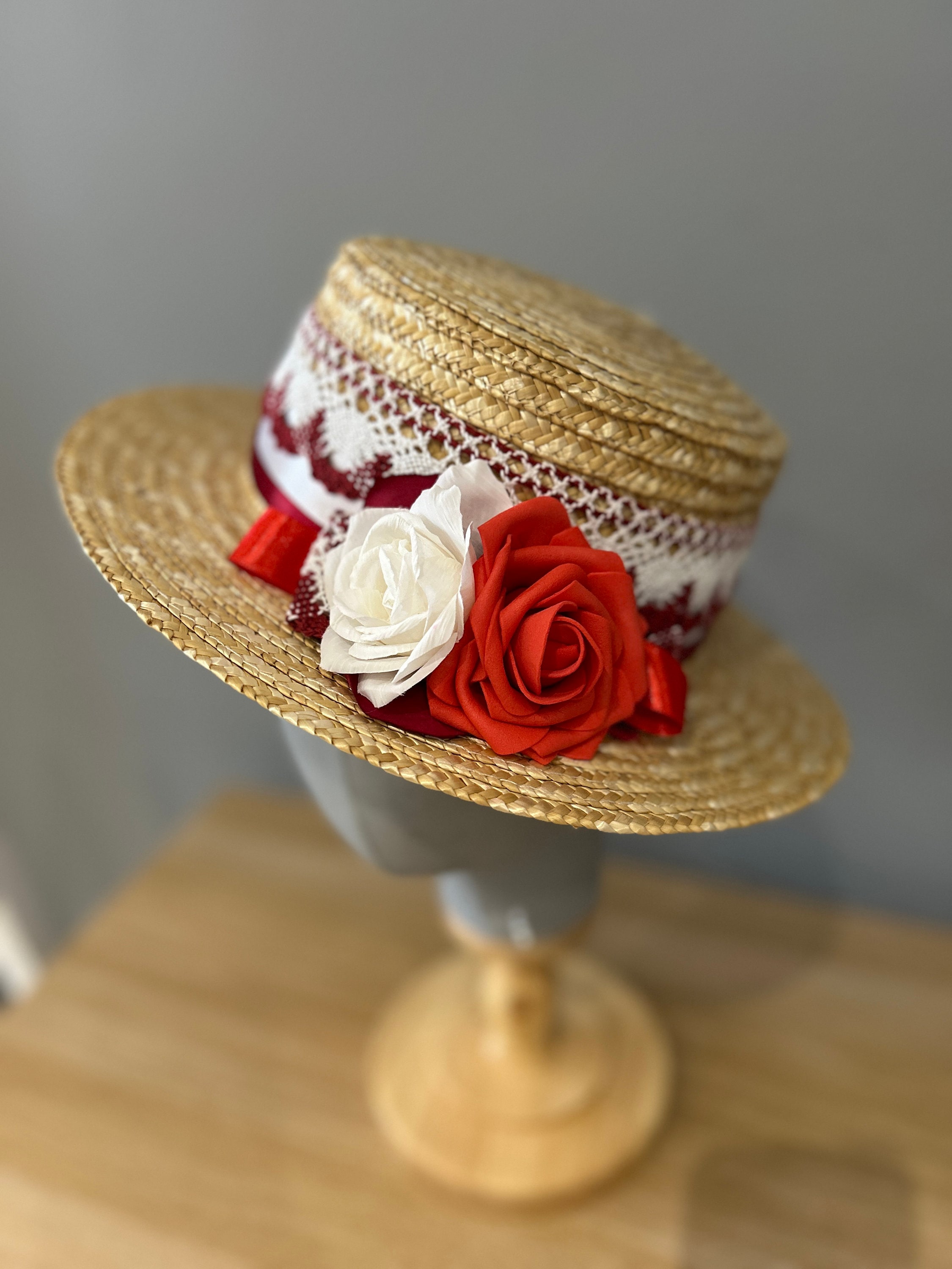 Vintage Mocha Floral Ribbon Straw Boater Hat with Decorative Rose 20th-Century Vintage Style Straw Boater Hat, Light Green Velvet Ribbon  main image 3