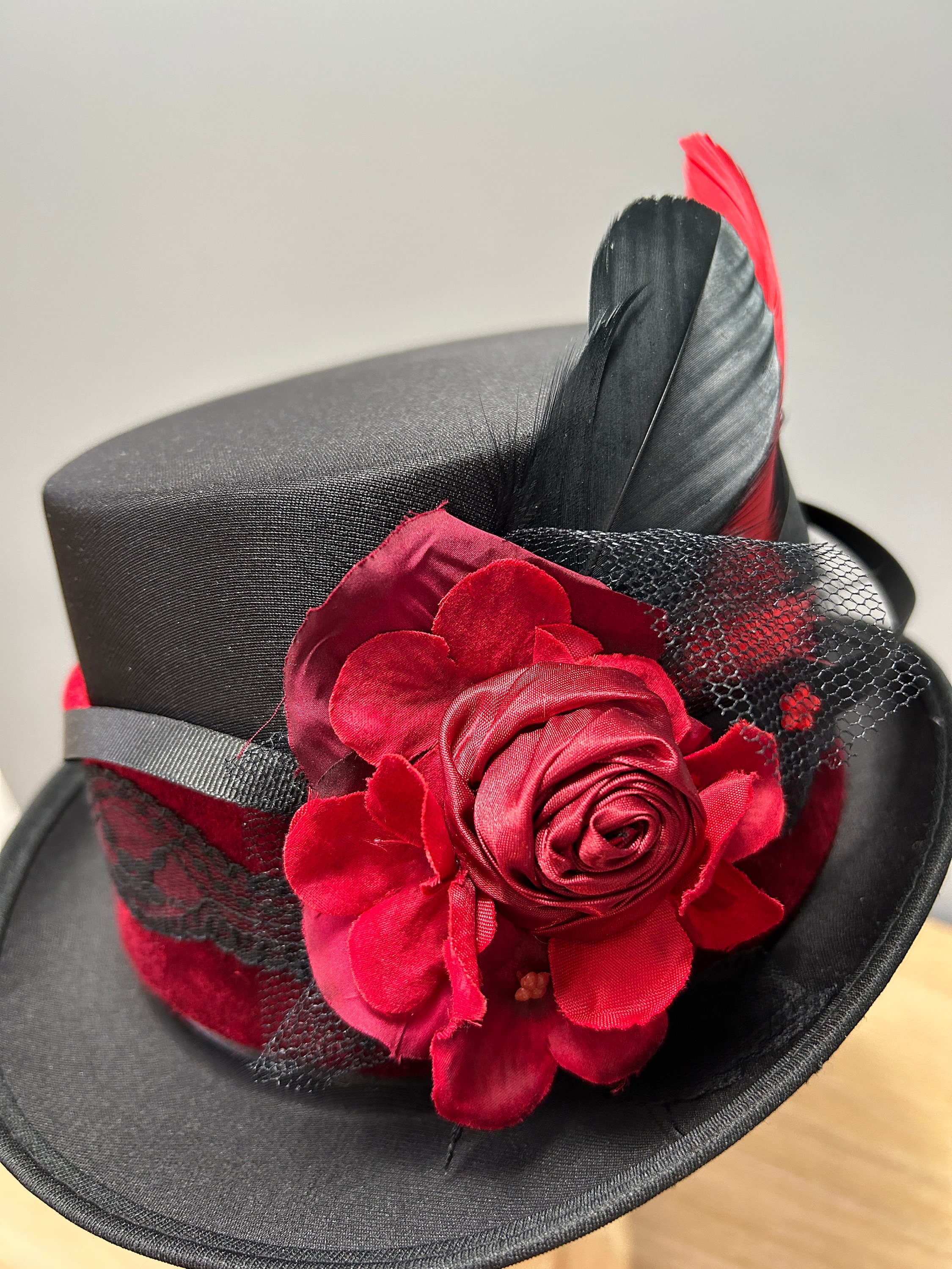 Satin and Mesh Lace Ladies Top Hat with Black Rose Gothic Rose Victorian Costume Top Hat | Hats | Hats and  main image 2
