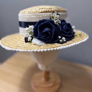 Natural Deluxe Summer Straw Boater Canotier Hat Navy Blue White