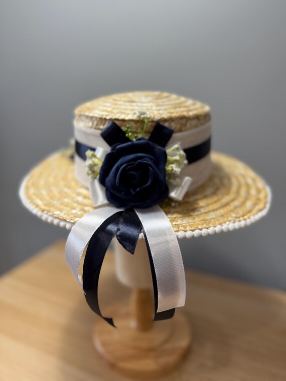 Straw Sun Hat with Navy Trim Straw Boater Hat With Navy Ribbon and Pom-pom - Sun Hat  main image 4