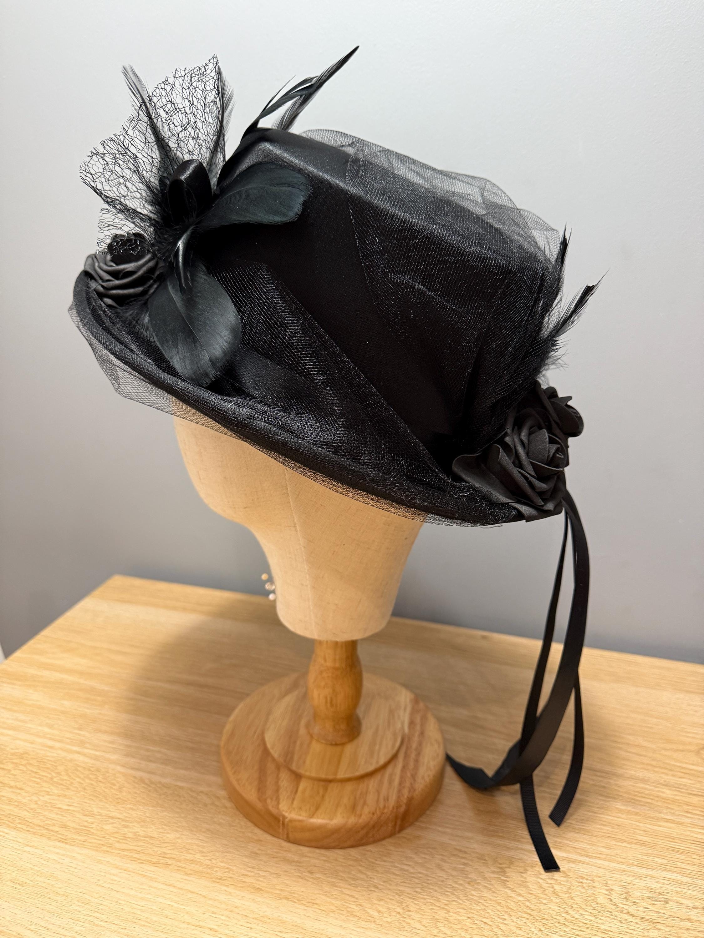 Black Felt Top Hat With White Toole Band, Silk Flowers, Feathers and Netting Black Wool Felt Wide Brim Hat: Silk Flowers & Ribbon - Etsy main image 4