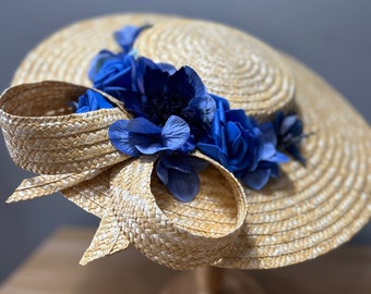 Wide Brim Unique Summer Straw Bow Hat Blue Black Trim Vintage Style