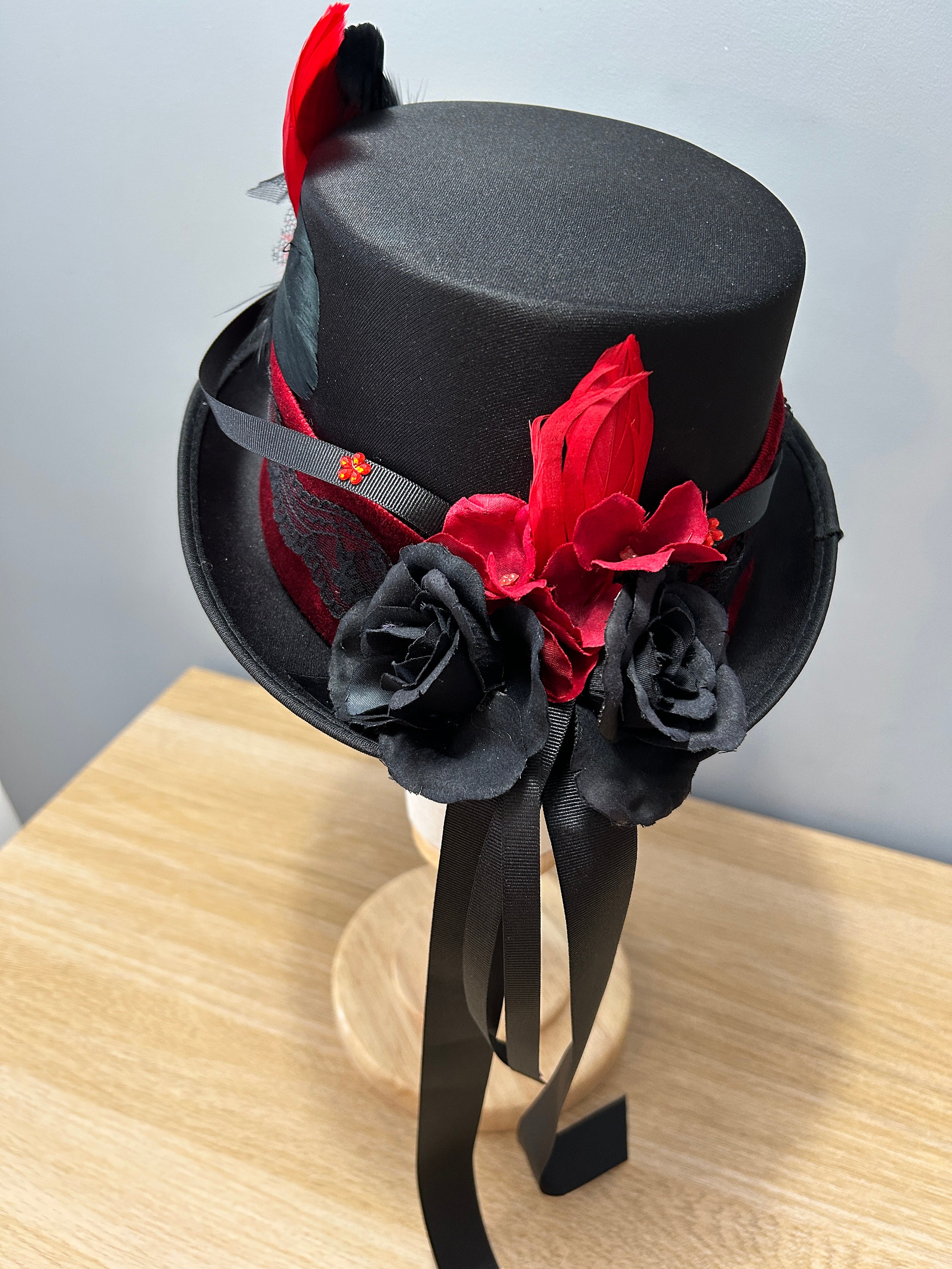 Satin and Mesh Lace Ladies Top Hat with Black Rose Gothic Rose Victorian Costume Top Hat | Hats | Hats and  main image 3
