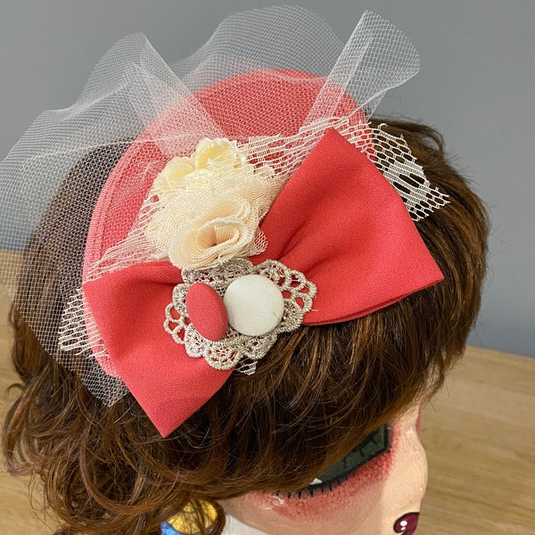 Beige & Peach bow teardrop fascinator hat wedding summer party pin up