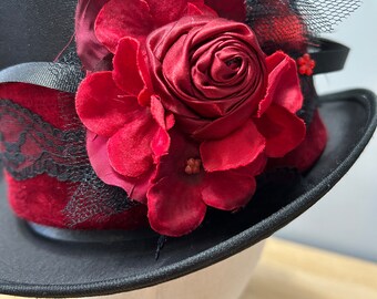Victorian Style Red Black Top Hat Satin Rose Net Feather  display picture 2