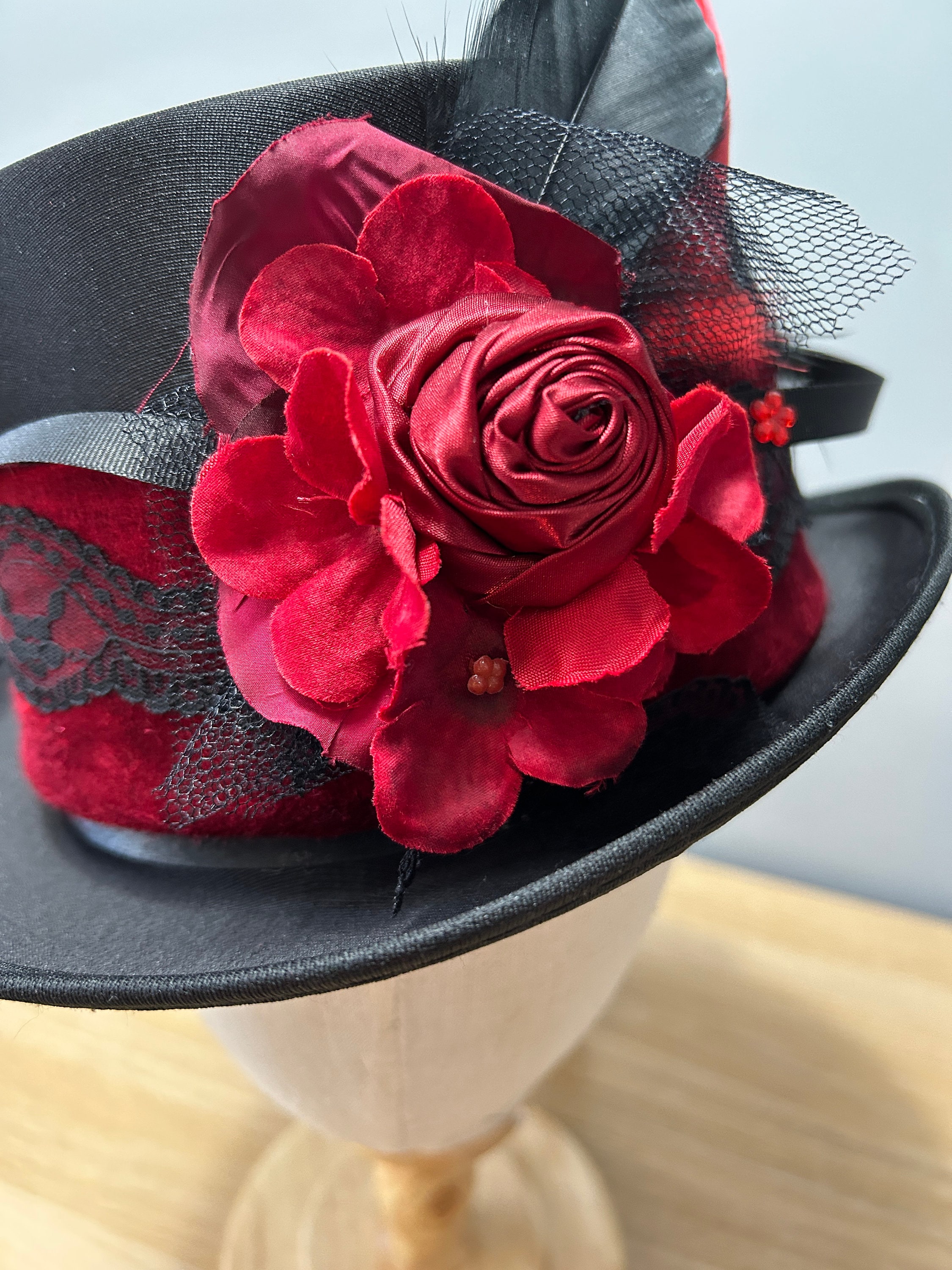 Victorian Style Red Black Top Hat Satin Rose Net Feather 
