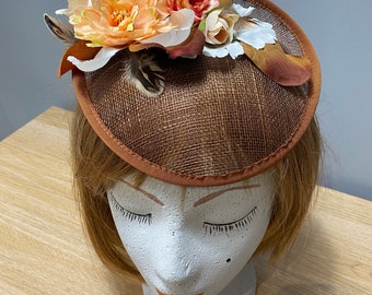 Mother of the Bride / Groom Brown Bronze Sinamay Percher Headband Hat with Peach Cream flowers