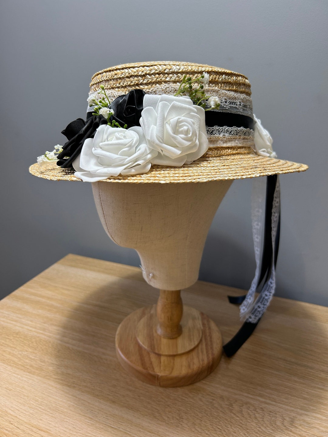 Natural Straw Boater Hat Black White Roses Ribbons Wedding Races Re ...