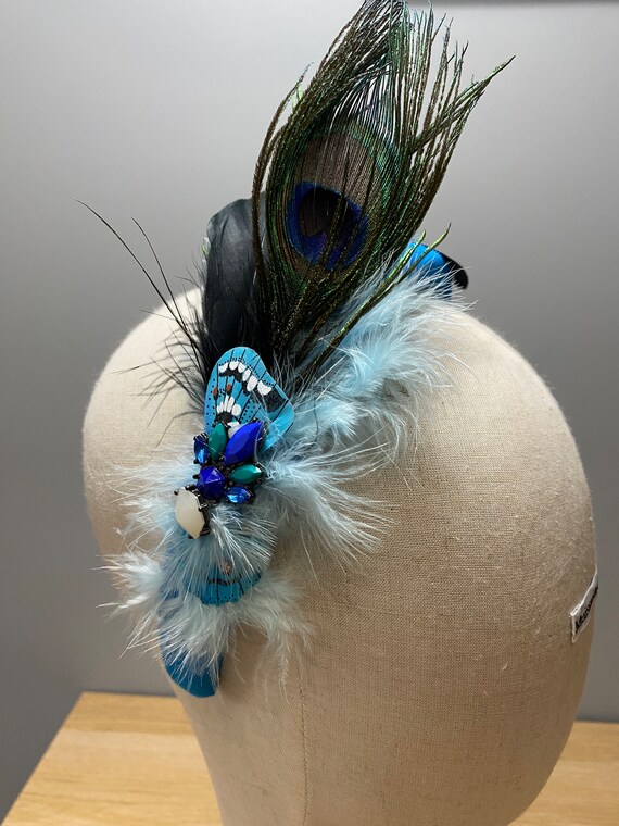 Peacock Feather Headband, 1920s Gatsby Style, Turquoise Blue  display picture 2