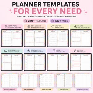 May include: A digital planner with templates for every need, including productivity, goal planning, wellness, and finance. The planner offers over 230 templates and 830+ pages. It includes sections for study, meal planning, notes, and journaling, with monthly, weekly, and yearly overviews.