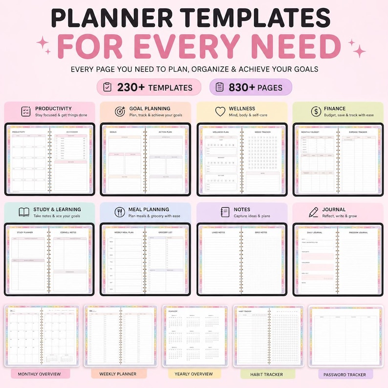 May include: A digital planner with templates for every need, including productivity, goal planning, wellness, and finance. The planner offers over 230 templates and 830+ pages. It includes sections for study, meal planning, notes, and journaling, with monthly, weekly, and yearly overviews.