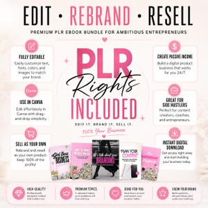 May include: A promotional image for a PLR ebook bundle. The design features pink text and graphics, including the words "EDIT, REBRAND, RESELL" and "PLR Rights Included." The image showcases several ebook covers and icons.