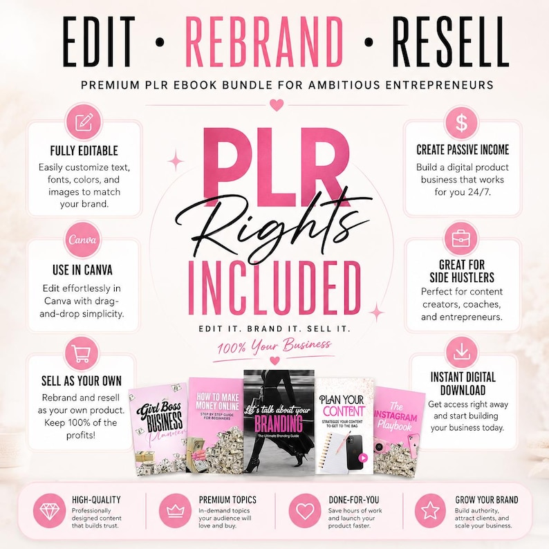 May include: A promotional image for a PLR ebook bundle. The design features pink text and graphics, including the words "EDIT, REBRAND, RESELL" and "PLR Rights Included." The image showcases several ebook covers and icons.