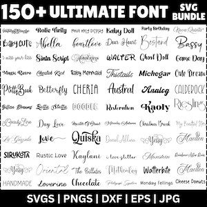 Puede incluir: Un paquete gráfico digital con más de 150 fuentes únicas en varios estilos. Las fuentes incluyen diseños de escritura, negrita y decorativos. El texto "150+ ULTIMATE FONT BUNDLE" está en la parte superior. Formatos: SVGs, PNGs, DXF, EPS y JPG.