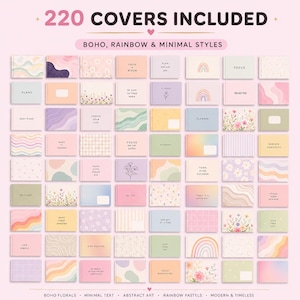 May include: A collection of 220 planner covers in boho, rainbow, and minimal styles. The covers feature pastel colors, floral designs, abstract art, and inspirational text. The text includes phrases like "Plans", "Focus", and "Create Your Life".
