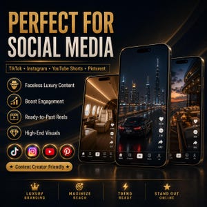 May include: Image promoting social media content creation. Three smartphones display luxury visuals, including an airplane interior, a cityscape, and a yacht interior. Text highlights features like faceless content, engagement boosting, and ready-to-post reels.