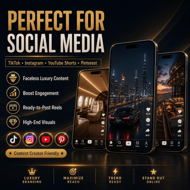 May include: Image promoting social media content creation. Three smartphones display luxury visuals, including an airplane interior, a cityscape, and a yacht interior. Text highlights features like faceless content, engagement boosting, and ready-to-post reels.