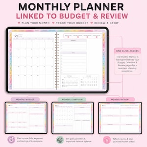 May include: A digital monthly planner with a linked budget and review system. The planner includes sections for planning, budgeting, and reviewing. The text reads "Plan Your Month, Track Your Budget, Review & Grow."