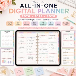 May include: A digital planner with the text "The All-In-One Digital Planner" and the years 2026, 2027, and 2028. The planner includes templates, notebooks, and stickers. The image also shows sticky notes with motivational phrases.