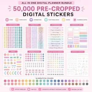 May include: Digital planner bundle with 50,000 pre-cropped digital stickers. Includes icons, word strips, affirmations, functional boxes, shapes, numbers, dates, bullet points, and doodles in 50 colors. Features instant download and PNG files.