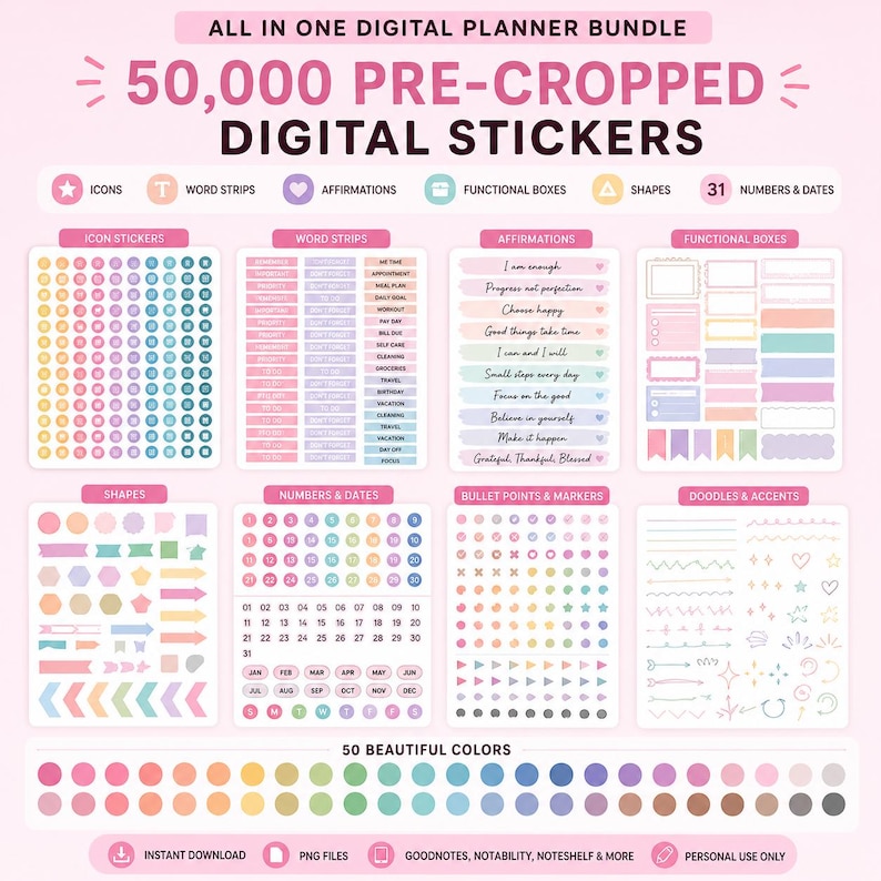 May include: Digital planner bundle with 50,000 pre-cropped digital stickers. Includes icons, word strips, affirmations, functional boxes, shapes, numbers, dates, bullet points, and doodles in 50 colors. Features instant download and PNG files.