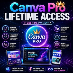 Canva Pro Account Lifetime Access, 400,000+ Premium Templates, Full Private Account on your email, Premium Subscription, Digital Download