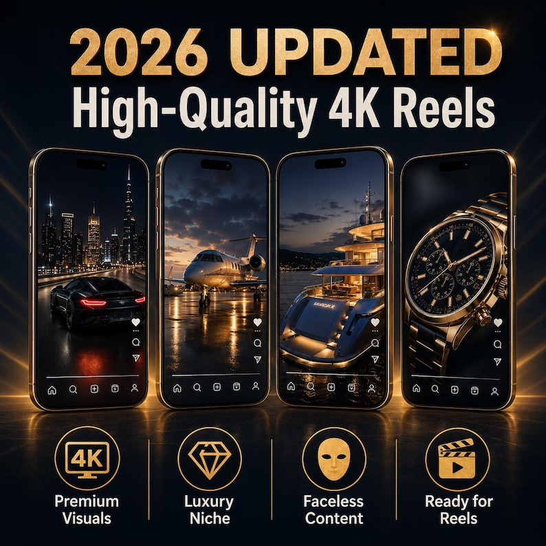 May include: An advertisement promoting "2026 UPDATED High-Quality 4K Reels." The image features four smartphones displaying luxury content: a sports car, a private jet, a yacht, and a gold wristwatch. Icons below read "Premium Visuals," "Luxury Niche," "Faceless Content," and "Ready for Reels."