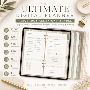 May include: An open digital planner with a black frame, featuring a detailed daily schedule and meal planning section. The planner includes tabs, a gold pen, and a binder clip. Text on the image reads "ULTIMATE DIGITAL PLANNER 2026-2028 ALL-IN-ONE BUNDLE".